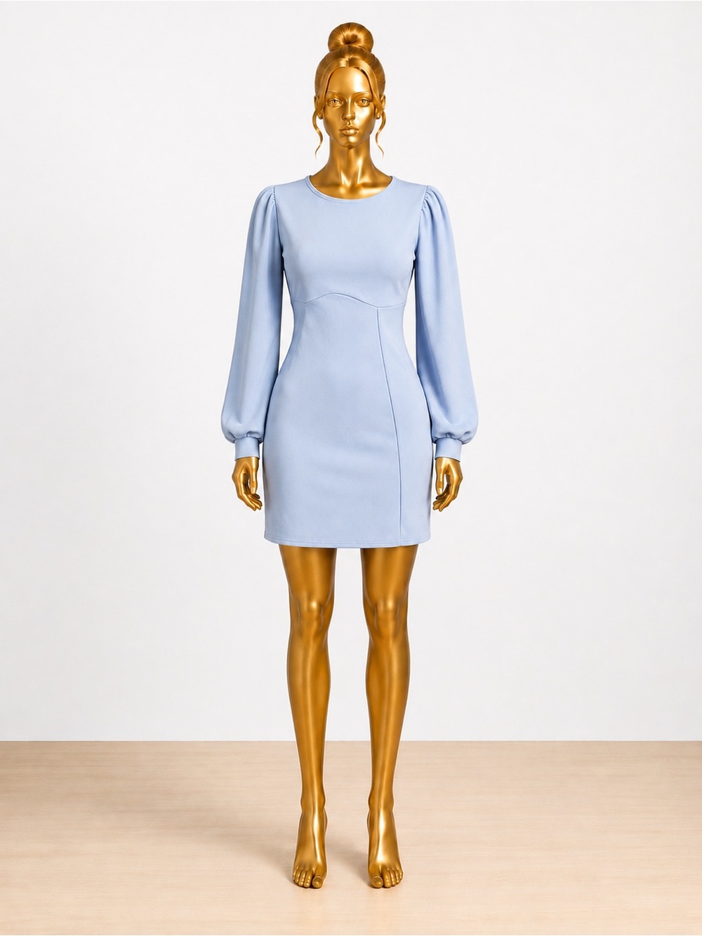 Boohoo Light Blue Puff Balloon Sleeve Fitted Mini Dress Size 10